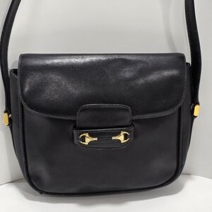 Vintage Gucci Black Leather Shoulder Bag with Gold Accents